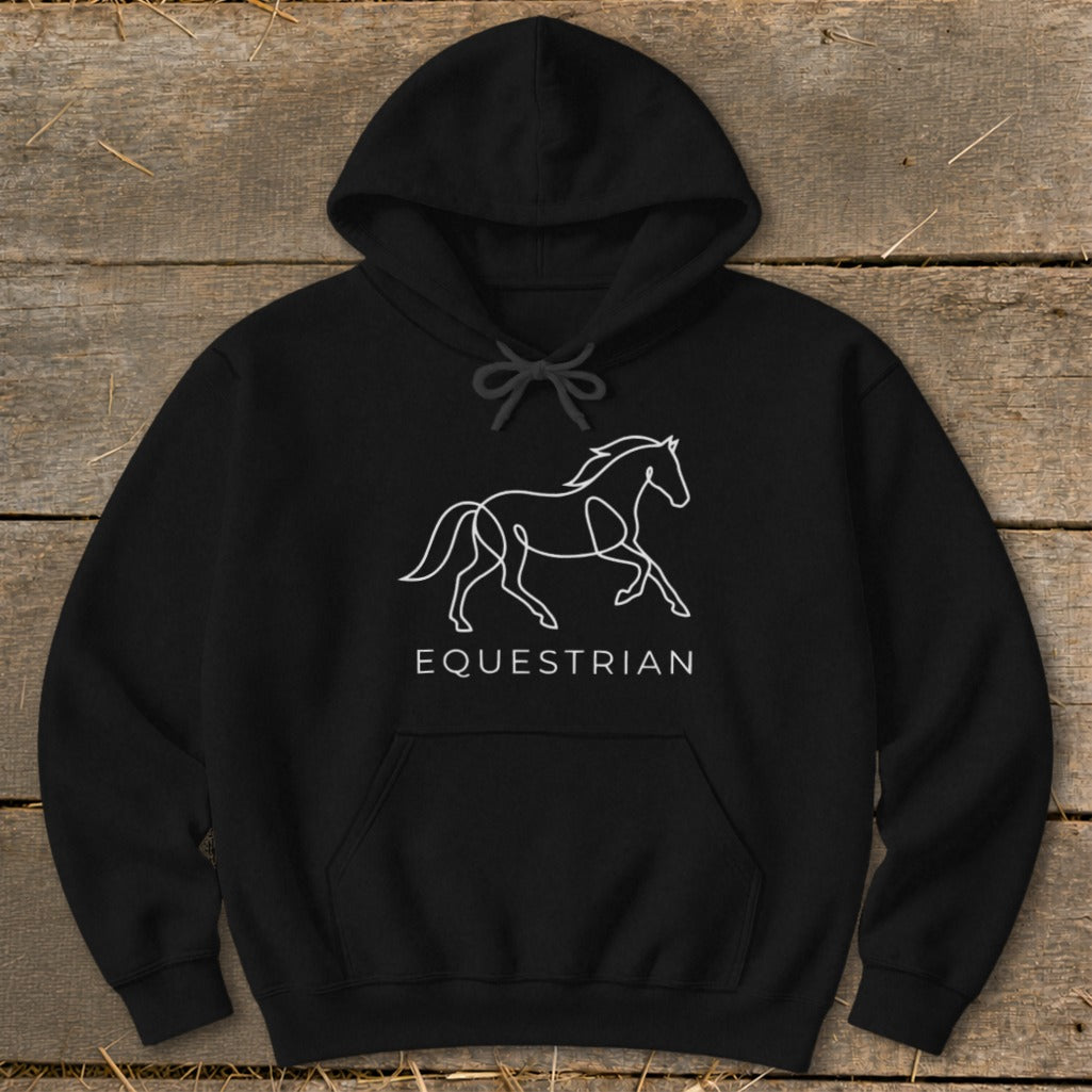 Black hoodie with white line art of a running horse and the word "EQUESTRIAN".
