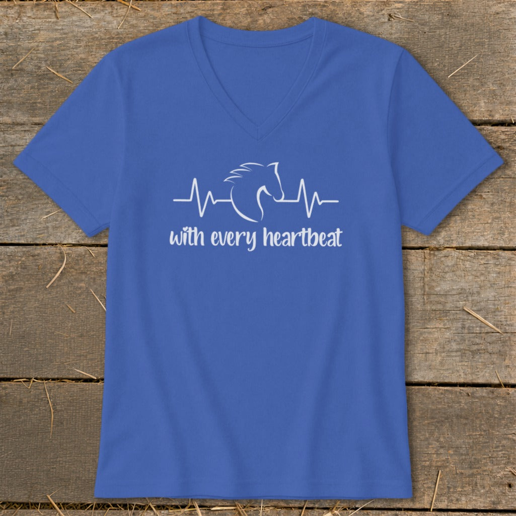 Blue v-neck t-shirt with white horse head and heartbeat graphic and text.