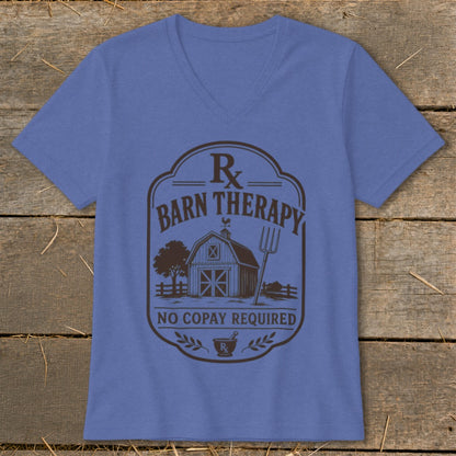 V-neck t-shirt with "Rx BARN THERAPY NO COPAY REQUIRED" text and barn graphic.