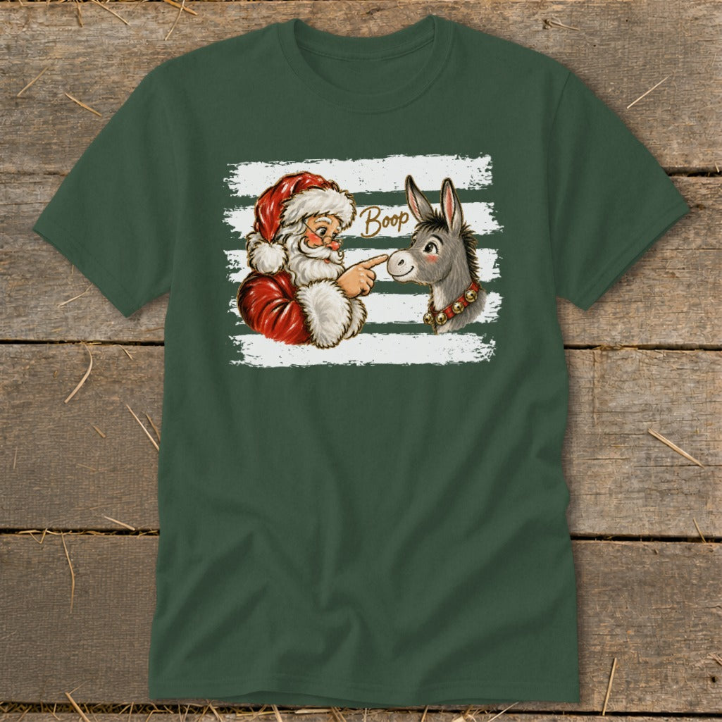 Santa booping a donkey with the word "Boop" on a green t-shirt.