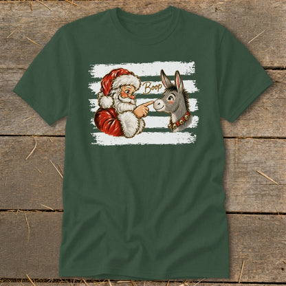 Santa booping a donkey with the word "Boop" on a green t-shirt.
