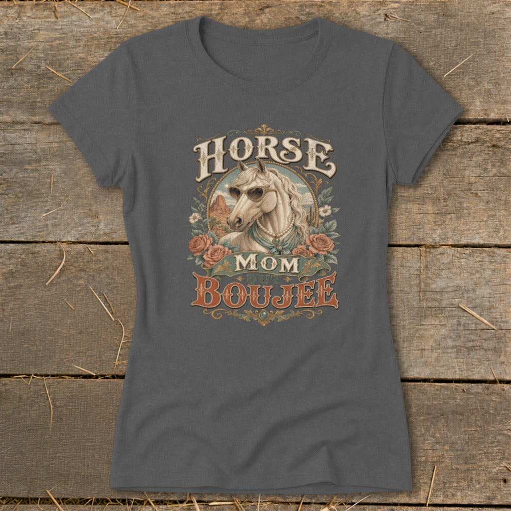 Horse Mom Boujee graphic on a charcoal grey t-shirt.