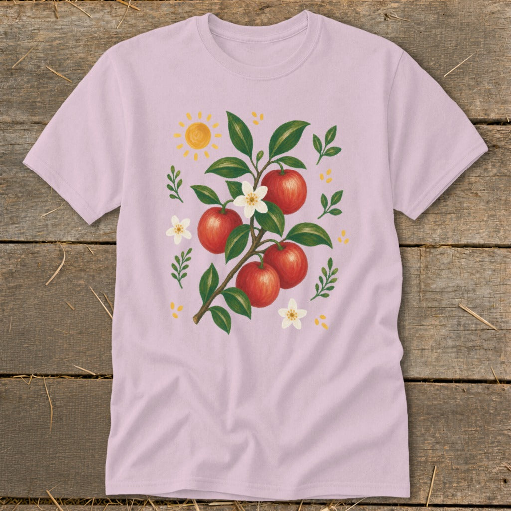 Light pink t-shirt with a watercolor illustration of a branch with apples, flowers, and sun.