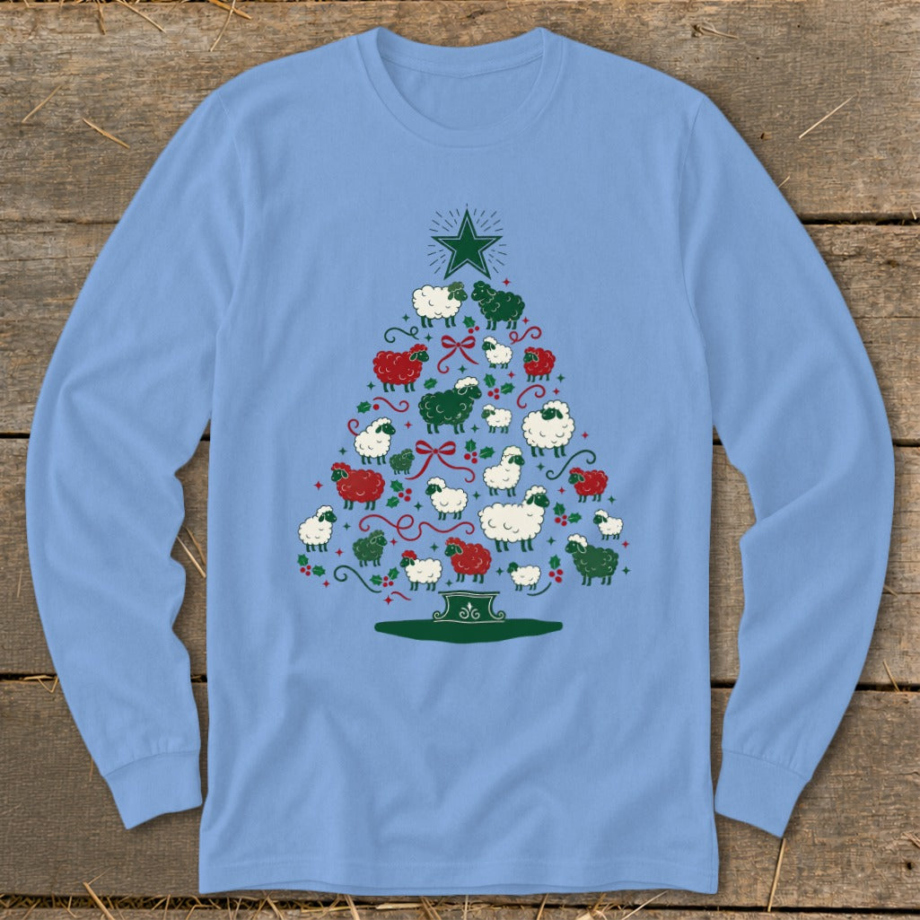Light blue long-sleeve shirt with a Christmas tree made of white, red, and green sheep.