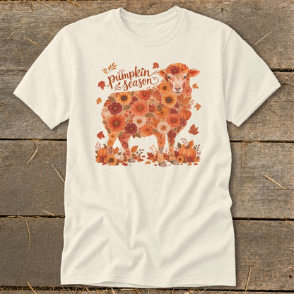 Cream t-shirt with a sheep design made of flowers and pumpkins, with "Pumpkin Season" text.