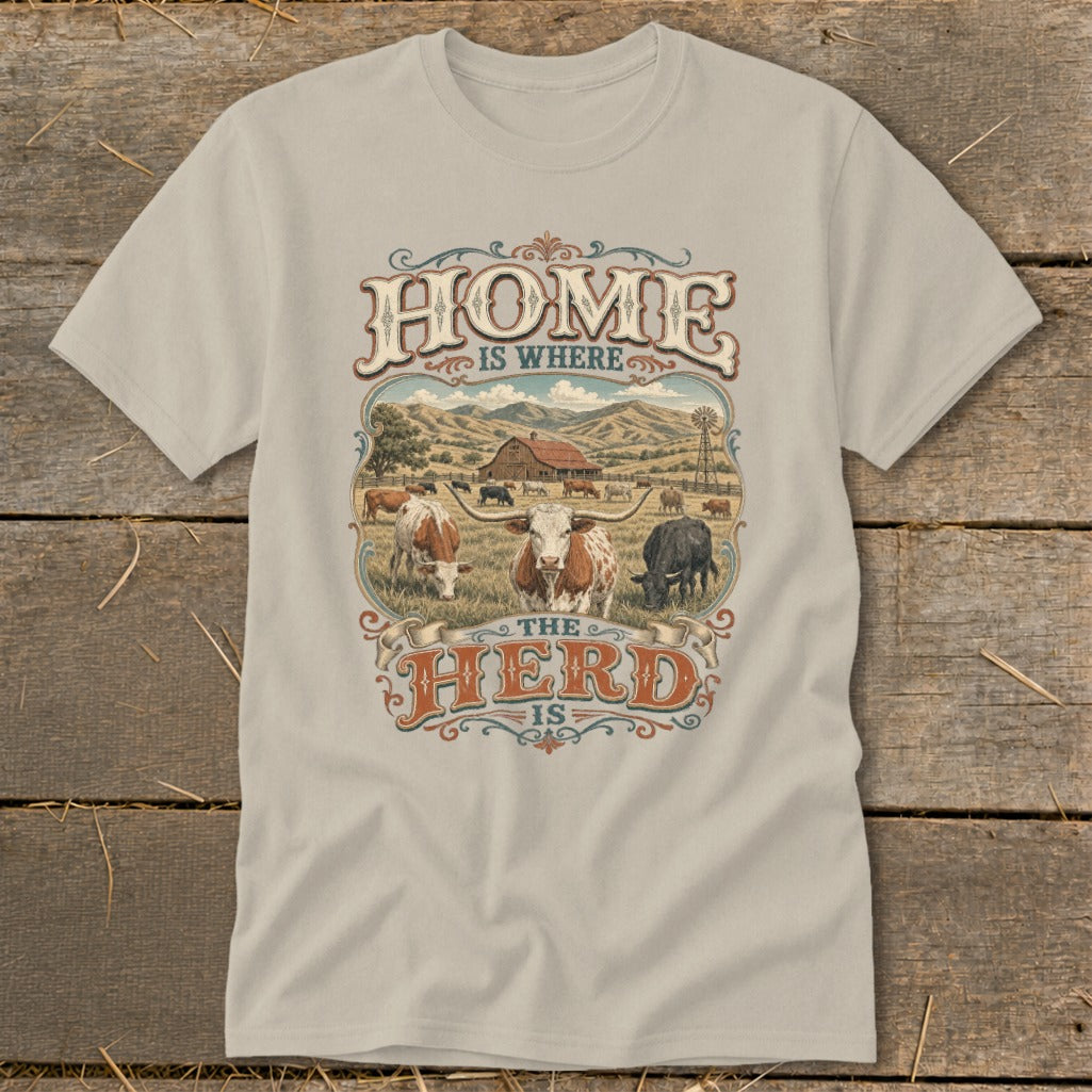 Text "HOME IS WHERE THE HERD IS" over a scene of cattle in a rural landscape.