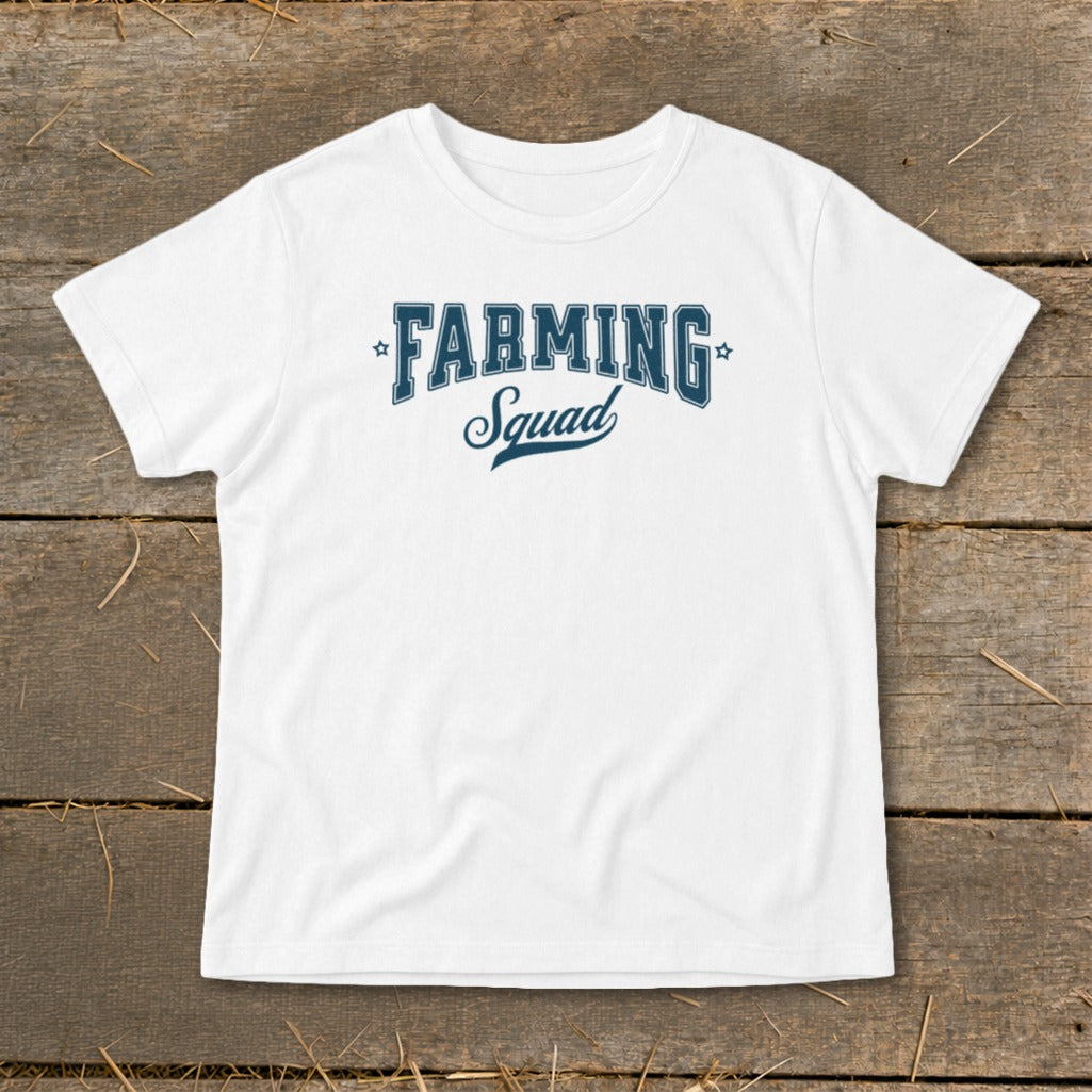 White t-shirt with "Farming Squad" text and stars in navy blue.