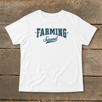 White t-shirt with "Farming Squad" text and stars in navy blue.
