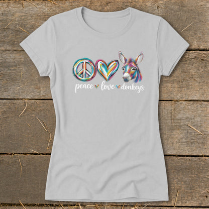 Light gray t-shirt with a peace sign, heart, and colorful donkey head, reading "peace love donkeys".