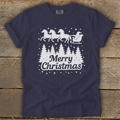 Navy t-shirt with white graphic of Santa's sleigh pulled by four horses and "Merry Christmas" text.