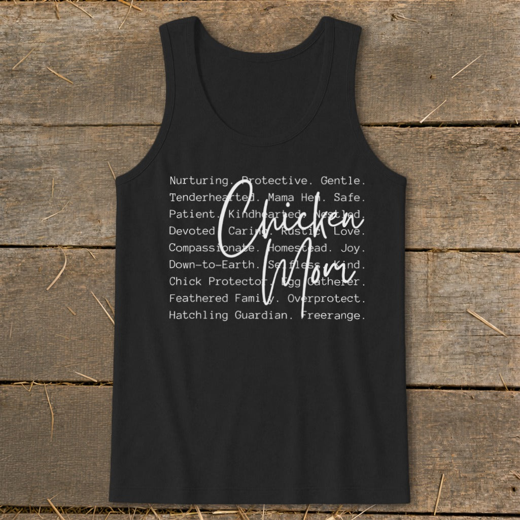 Black tank top with "Chicken Mom" and descriptive words.