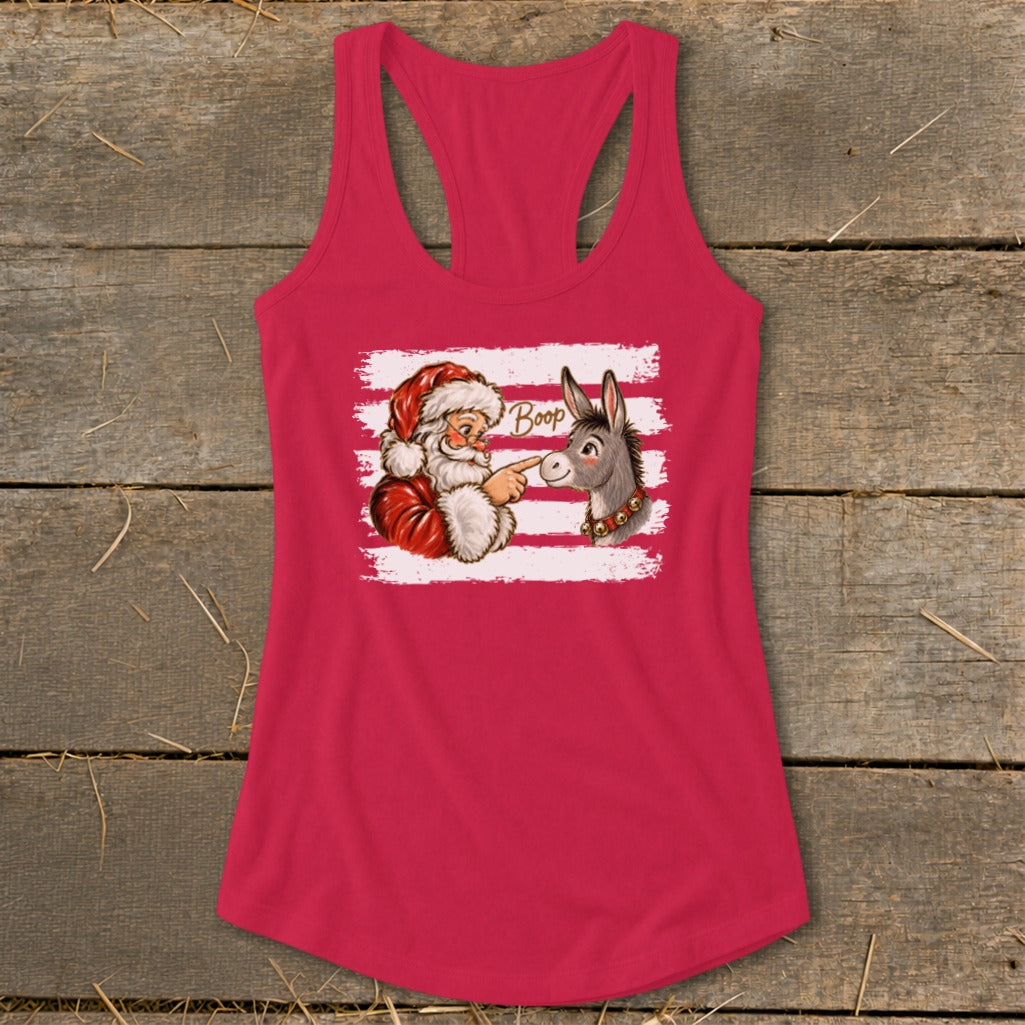 Santa booping a donkey with the word "Boop" on a pink tank top.