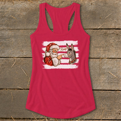 Santa booping a donkey with the word "Boop" on a pink tank top.