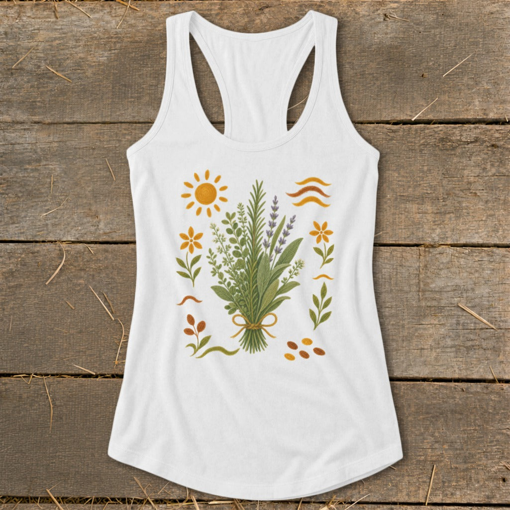 White tank top with a bouquet of herbs and flowers, sun, and wavy lines.