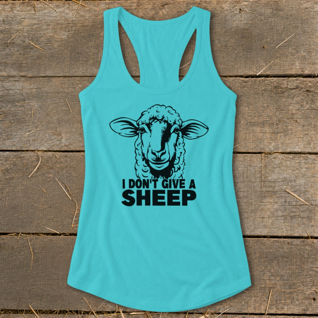 Turquoise tank top with sheep graphic and text "I DON'T GIVE A SHEEP".