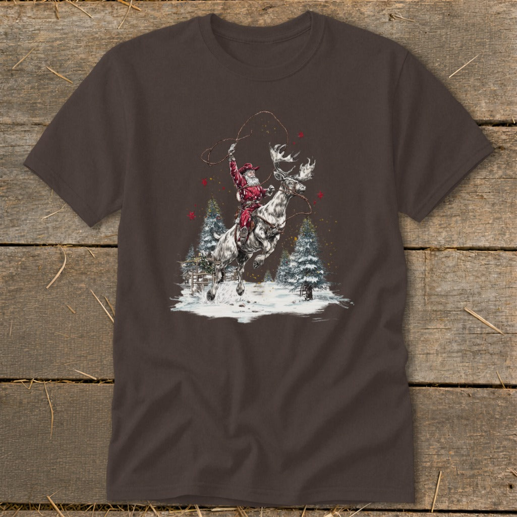 Santa on a reindeer, lassoing in a snowy forest.