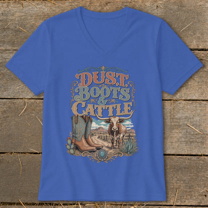 Blue v-neck t-shirt with "Dust, Boots & Cattle" graphic featuring boots and longhorn.