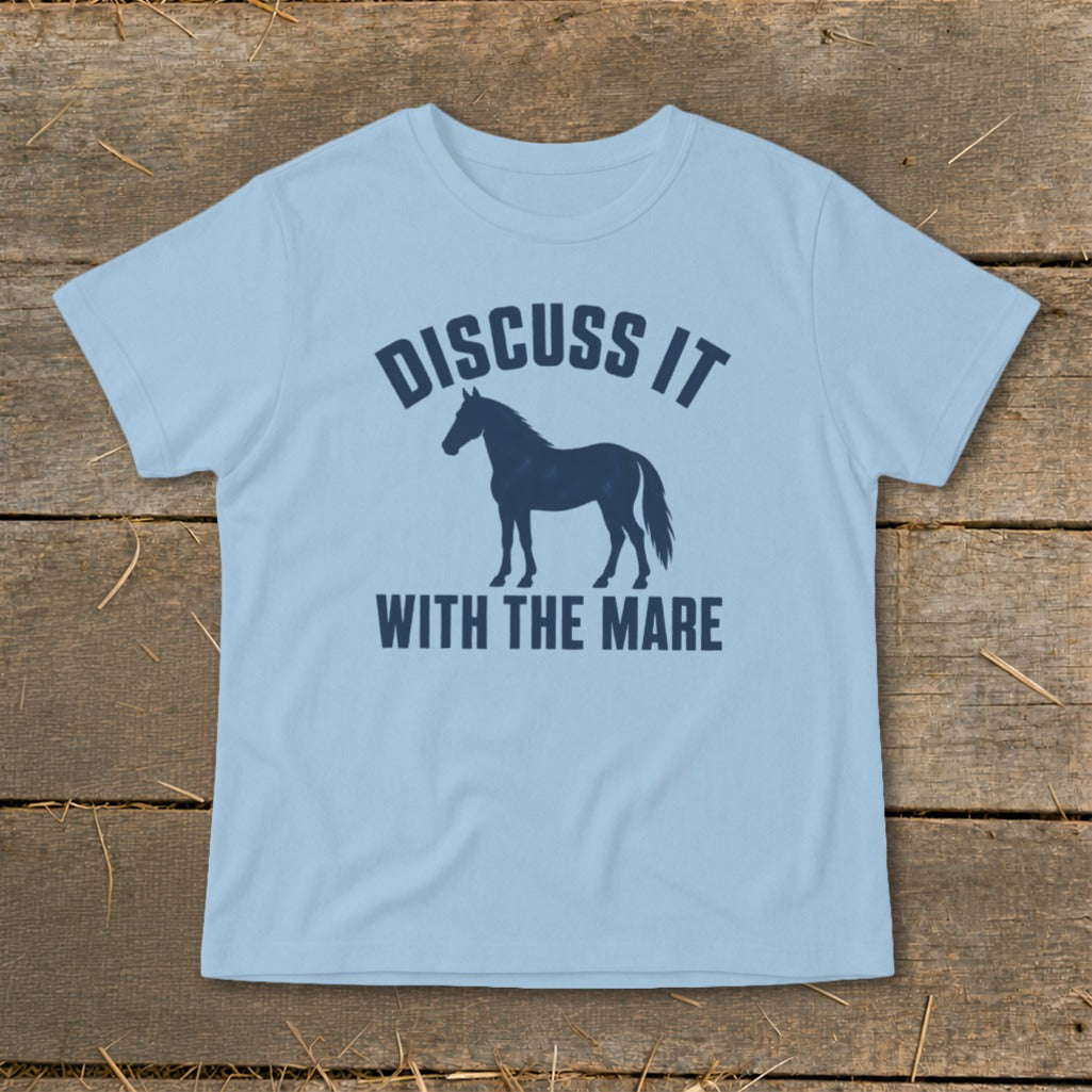 Light blue t-shirt with a dark blue silhouette of a horse and text.