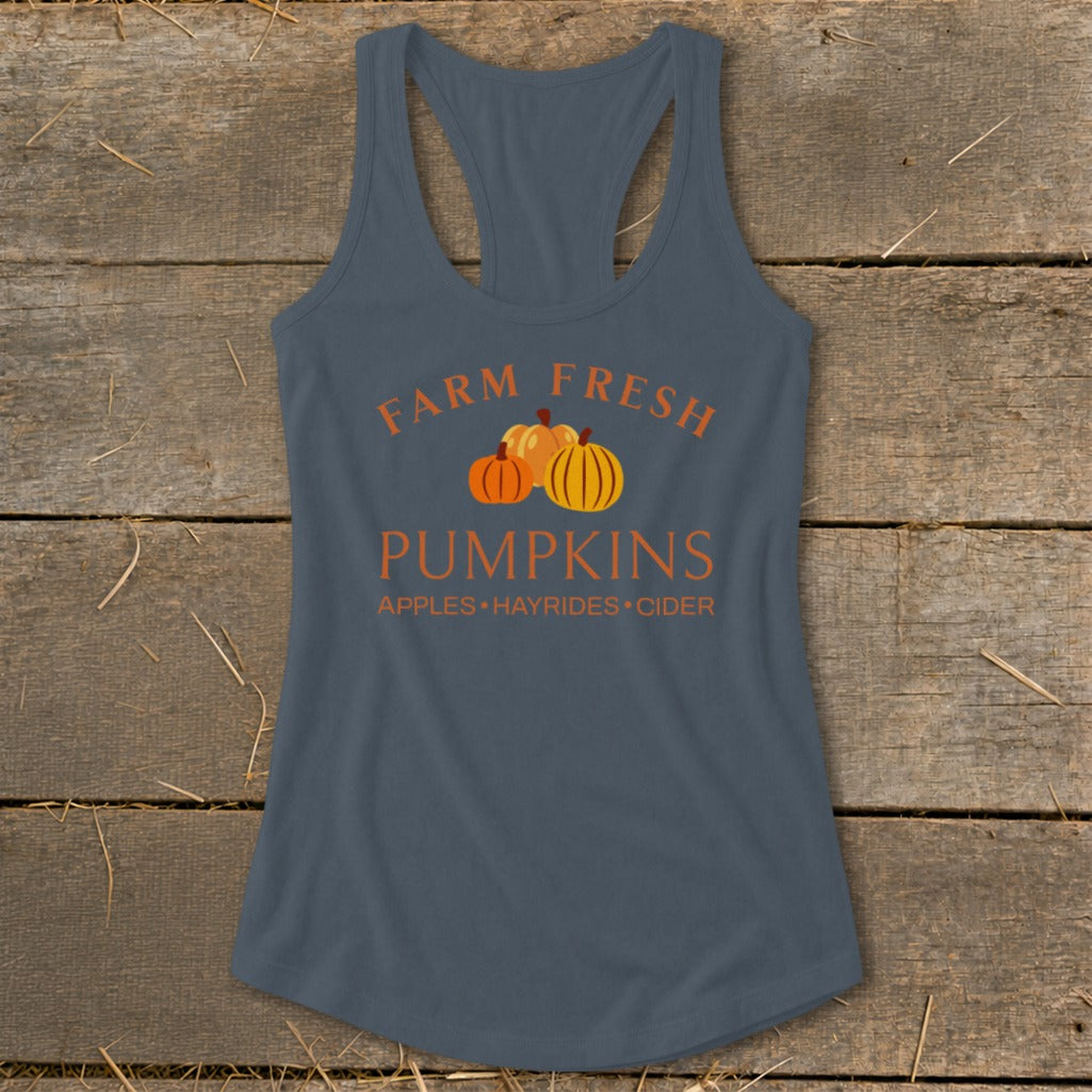 Gray tank top with "Farm Fresh Pumpkins" and "Apples Hayrides Cider" text.