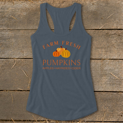 Gray tank top with "Farm Fresh Pumpkins" and "Apples Hayrides Cider" text.