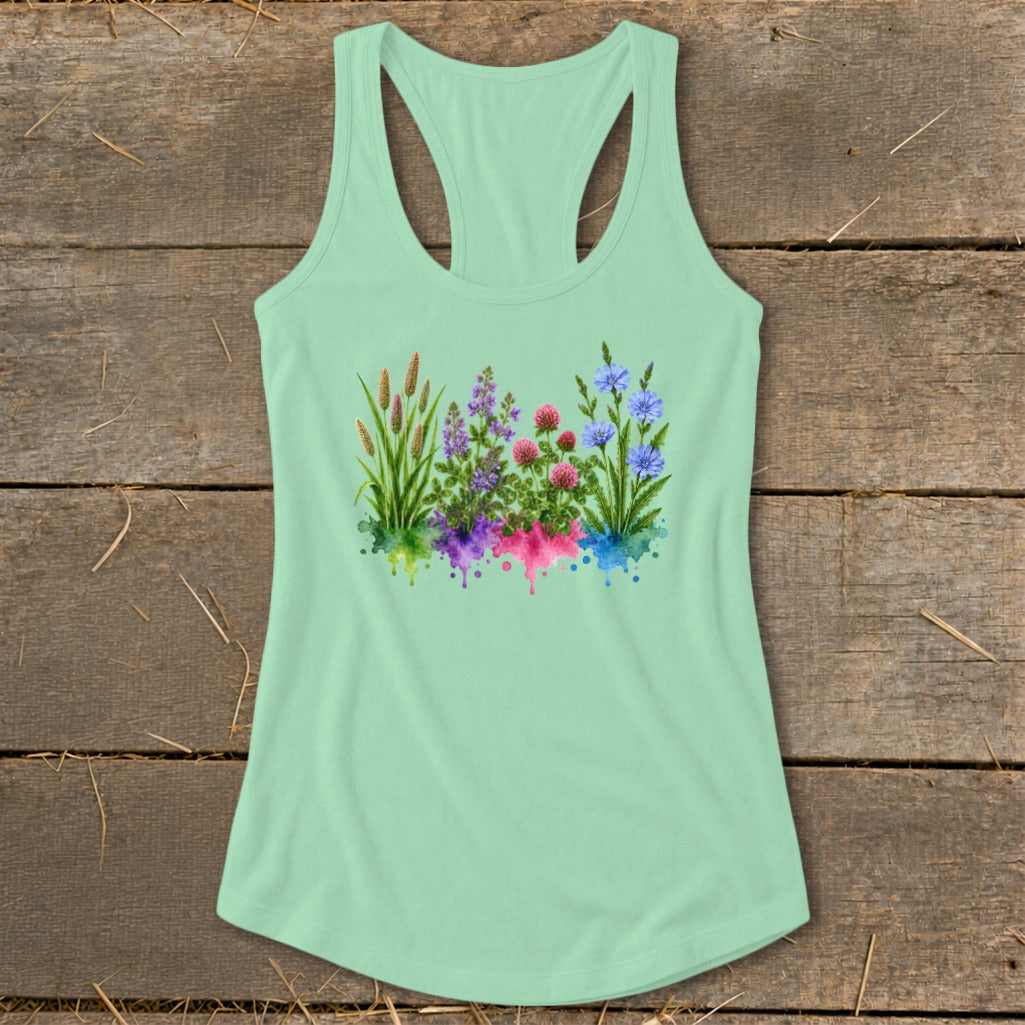 Mint green racerback tank top featuring a colorful watercolor botanical illustration of wildflowers on a rustic wooden background.