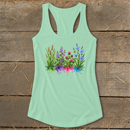 Mint green racerback tank top featuring a colorful watercolor botanical illustration of wildflowers on a rustic wooden background.