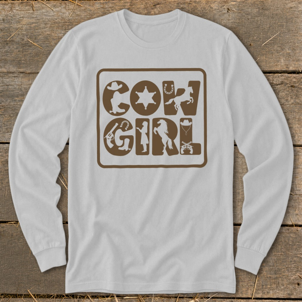 White long-sleeve shirt with brown "Cow Girl" text featuring western-themed icons.
