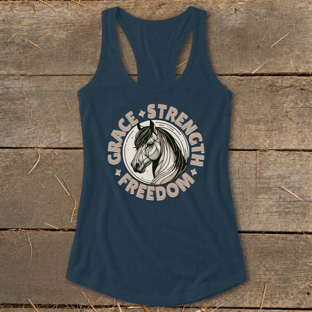Navy tank top with circular horse graphic featuring "Grace," "Strength," and "Freedom."