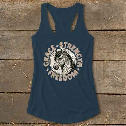 Navy tank top with circular horse graphic featuring "Grace," "Strength," and "Freedom."