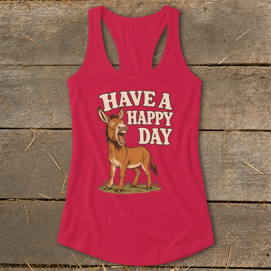 Pink tank top with a cartoon donkey and "HAVE A HAPPY DAY" text.