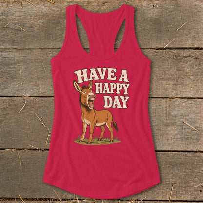 Pink tank top with a cartoon donkey and "HAVE A HAPPY DAY" text.