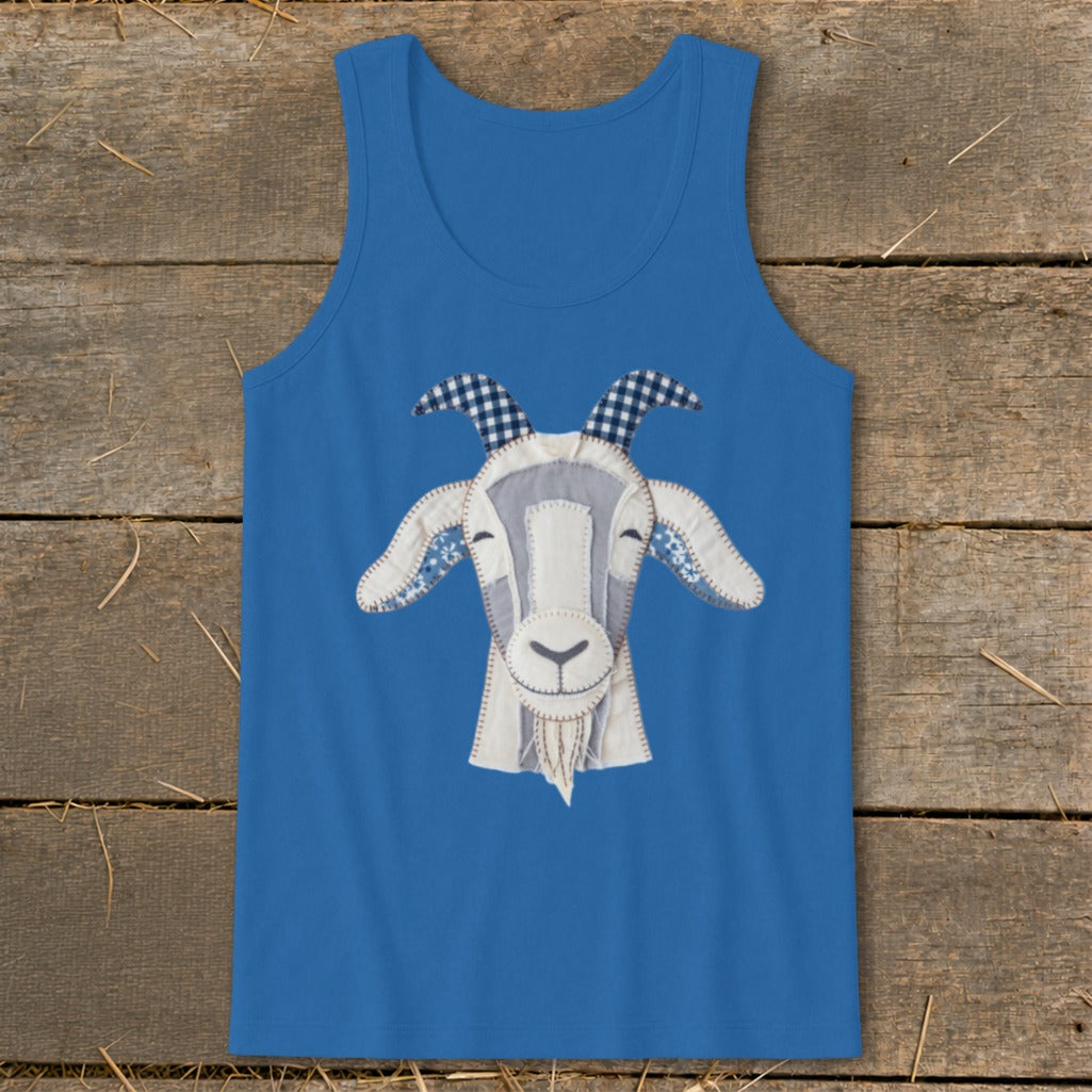 Blue tank top with a stitched goat face design.