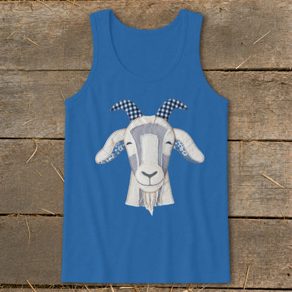 Blue tank top with a stitched goat face design.