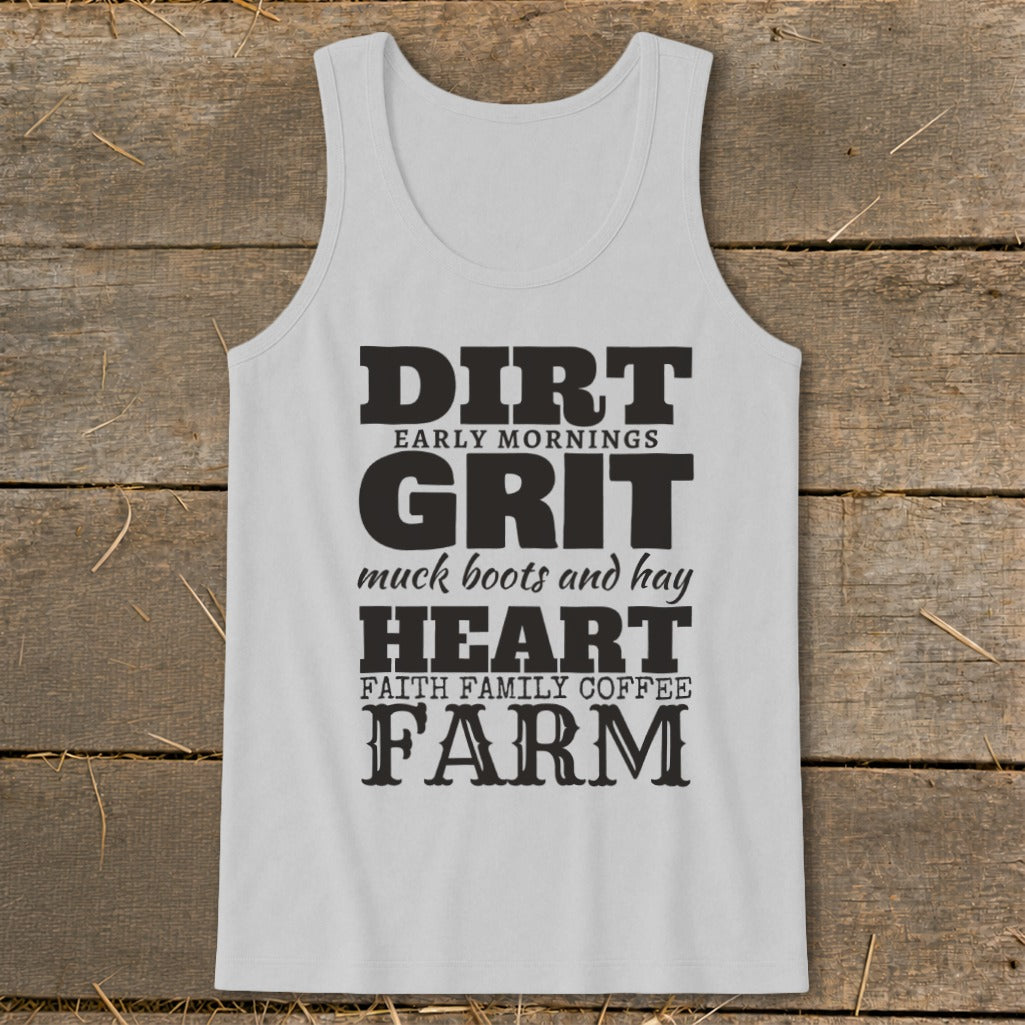 White tank top with "DIRT, GRIT, HEART, FARM" and related phrases in black text.
