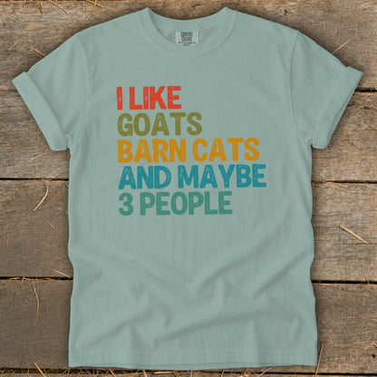 Light blue t-shirt with "I like goats barn cats and maybe 3 people" text.