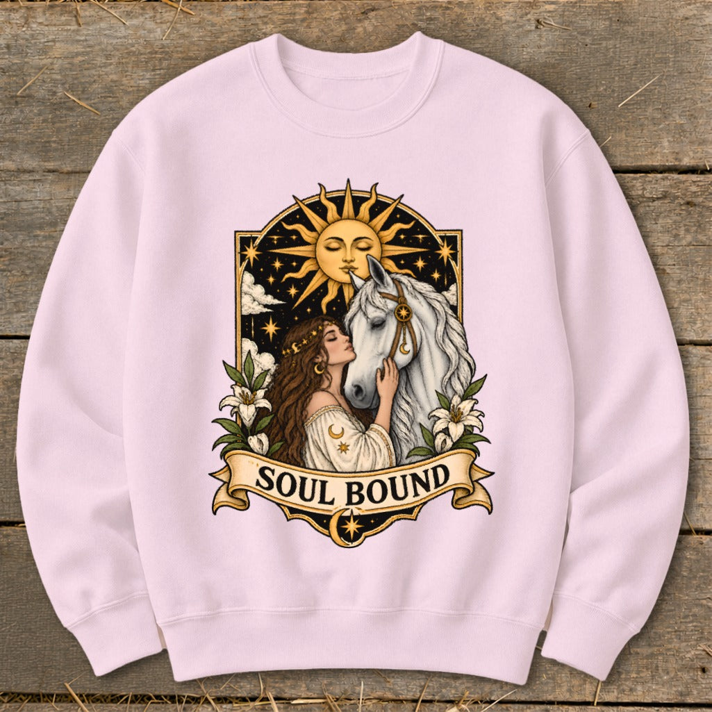 Woman embraces white horse under sun with text "Soul Bound."