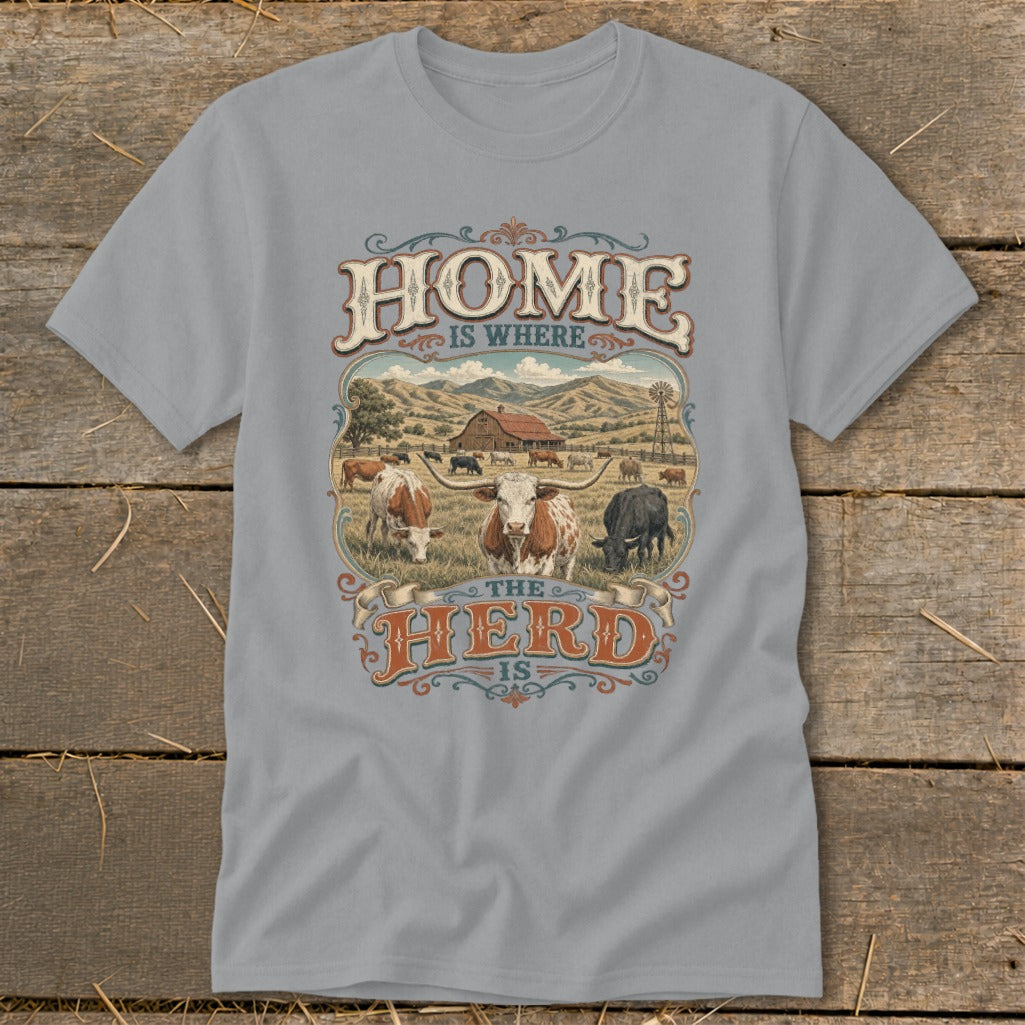"Home is Where the Herd Is" text over a pastoral scene with cattle.