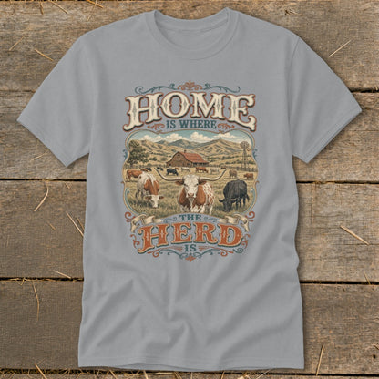 "Home is Where the Herd Is" text over a pastoral scene with cattle.
