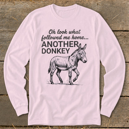 Pink long sleeve shirt with text and a donkey illustration.