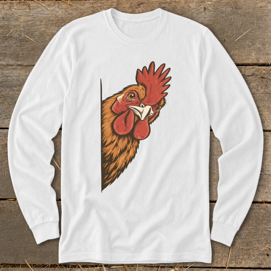 White long-sleeve shirt with a peeking rooster illustration on the left side.