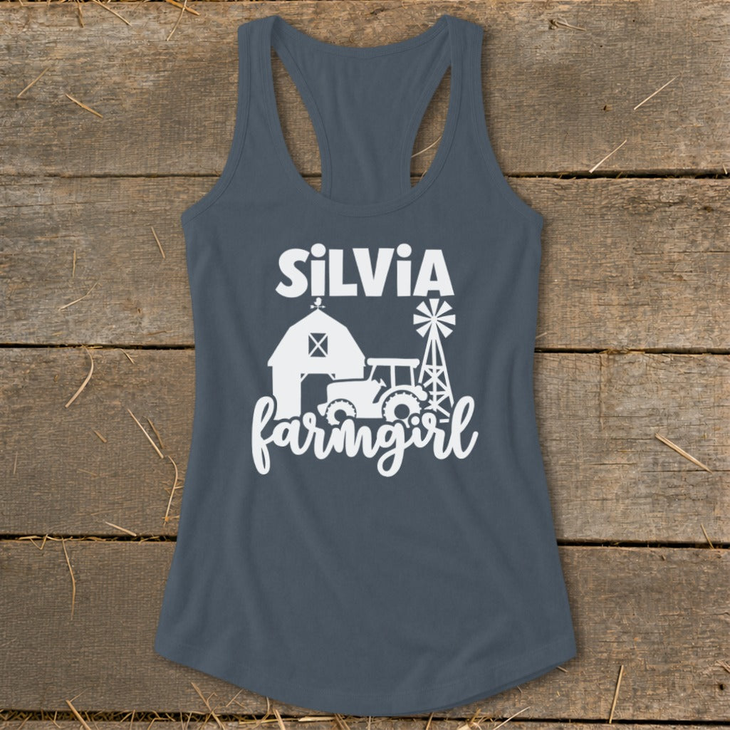 Tank top with white "SiLVIA farmgirl" text, barn, tractor, and windmill graphic.