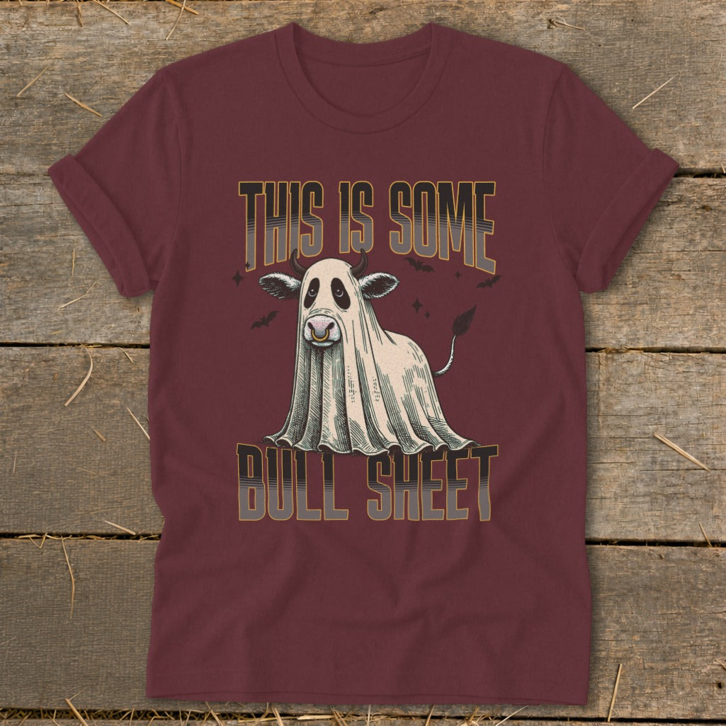 Maroon t-shirt with ghost cow graphic and text "THIS IS SOME BULL SHEET".