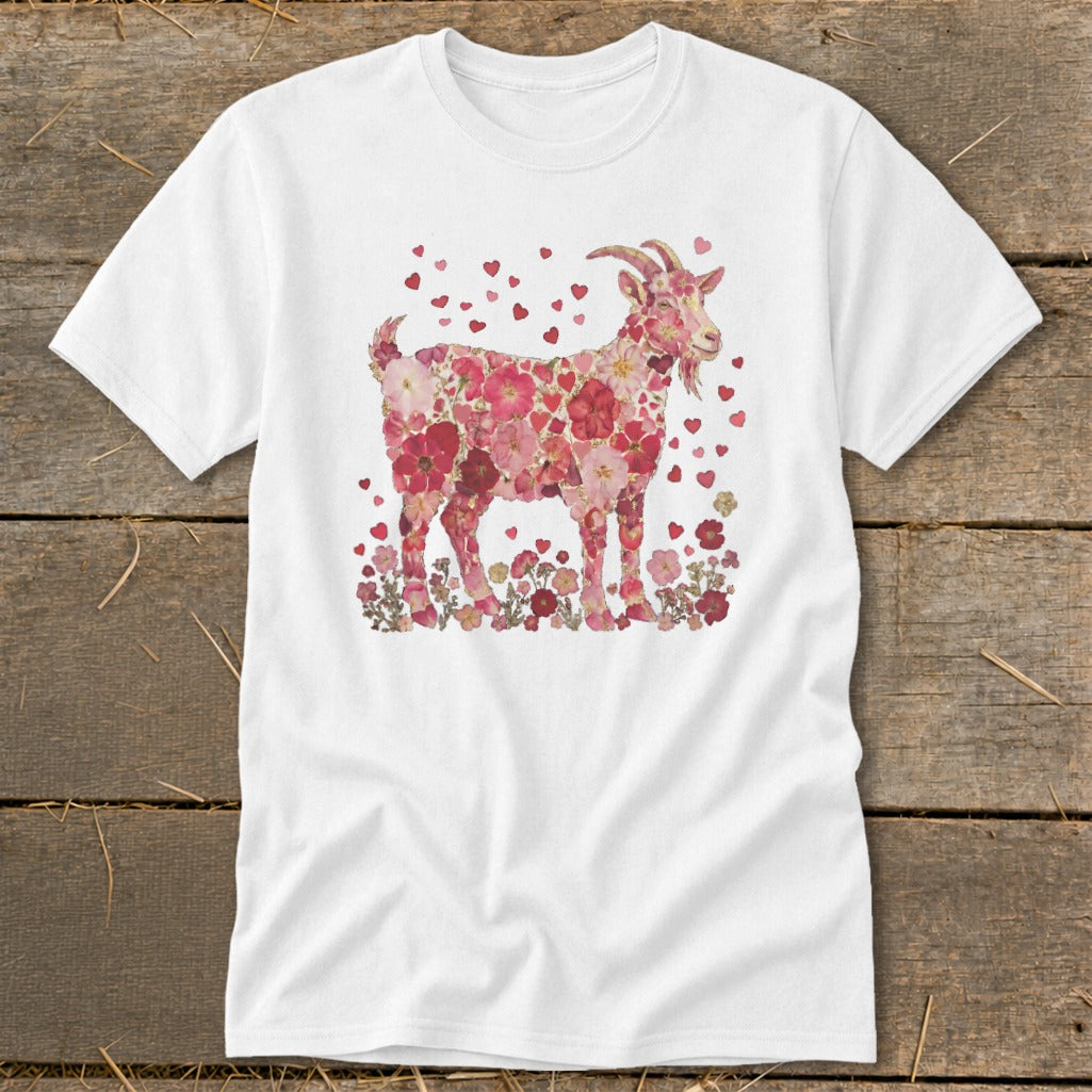 White t-shirt with floral goat graphic and scattered hearts.