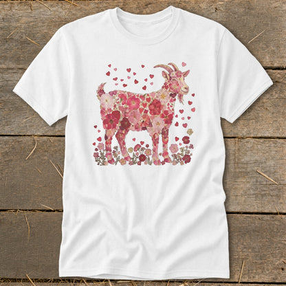 White t-shirt with floral goat graphic and scattered hearts.