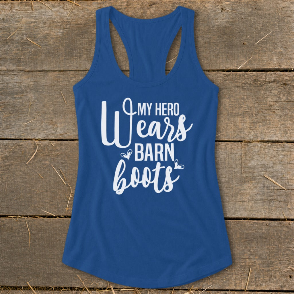 Blue tank top with white text "My Hero Wears Barn Boots".