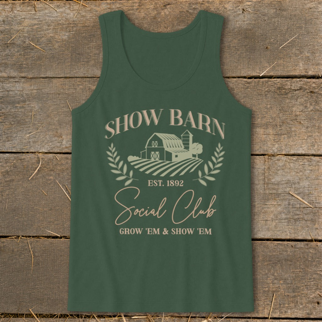 Green tank top with "Show Barn Social Club" text and farm graphic.