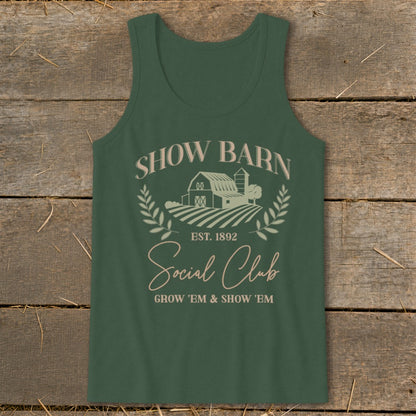 Green tank top with "Show Barn Social Club" text and farm graphic.