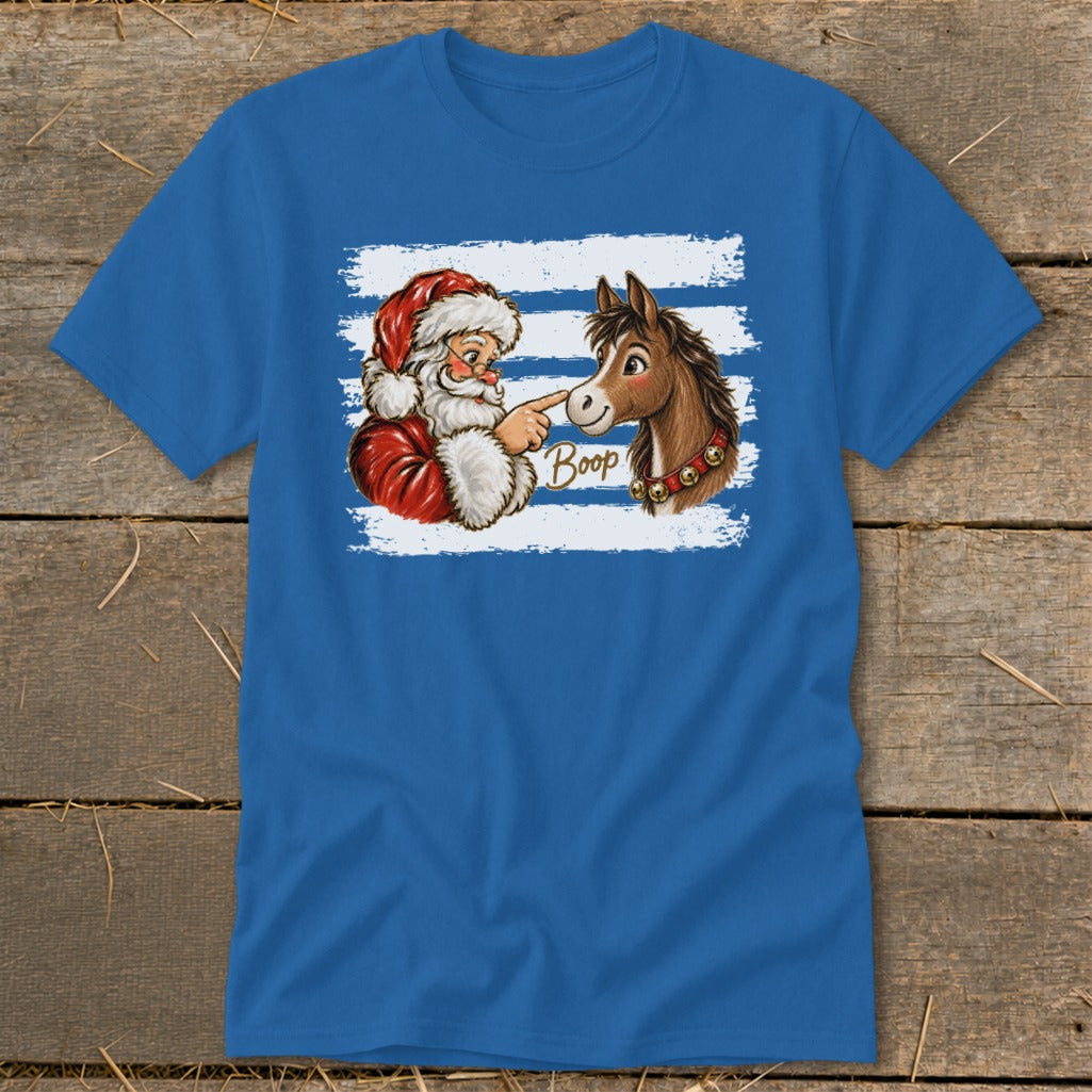 Santa booping a horse with bells on its collar, text "Boop".
