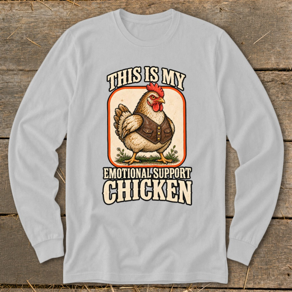 Chicken wearing a vest with text "This is My Emotional Support Chicken".