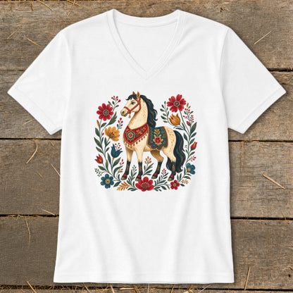 White t-shirt featuring a decorative horse surrounded by floral elements.